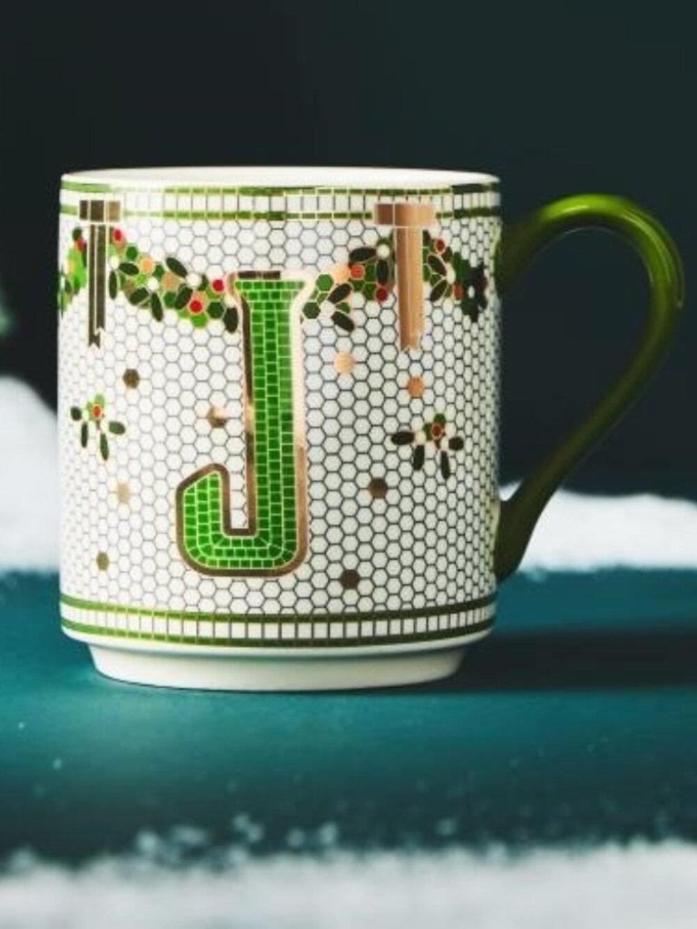 Anthropologie Festive Bistro Tile Stoneware Monogram Mug Letter J Paris Cafe New